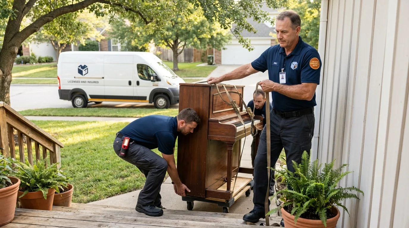 Licensed piano movers securing grand piano in Hoquiam, WA