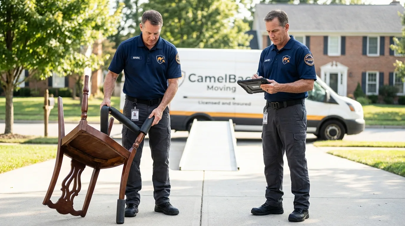 Movers inspecting furniture for damage prevention before loading in Hoquiam, WA