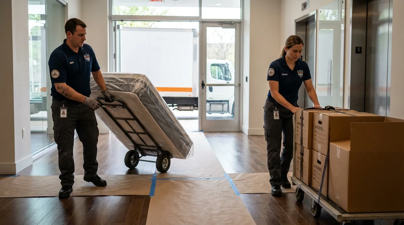 Professional apartment movers loading elevator in Hoquiam, WA